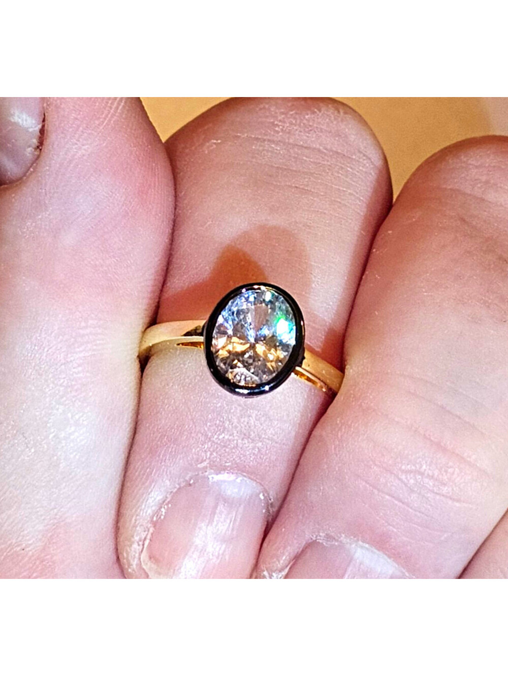 Black Enamel Gold-plated CZ Ring Sz 8 Oval Bezel Set Low Profile NWOT